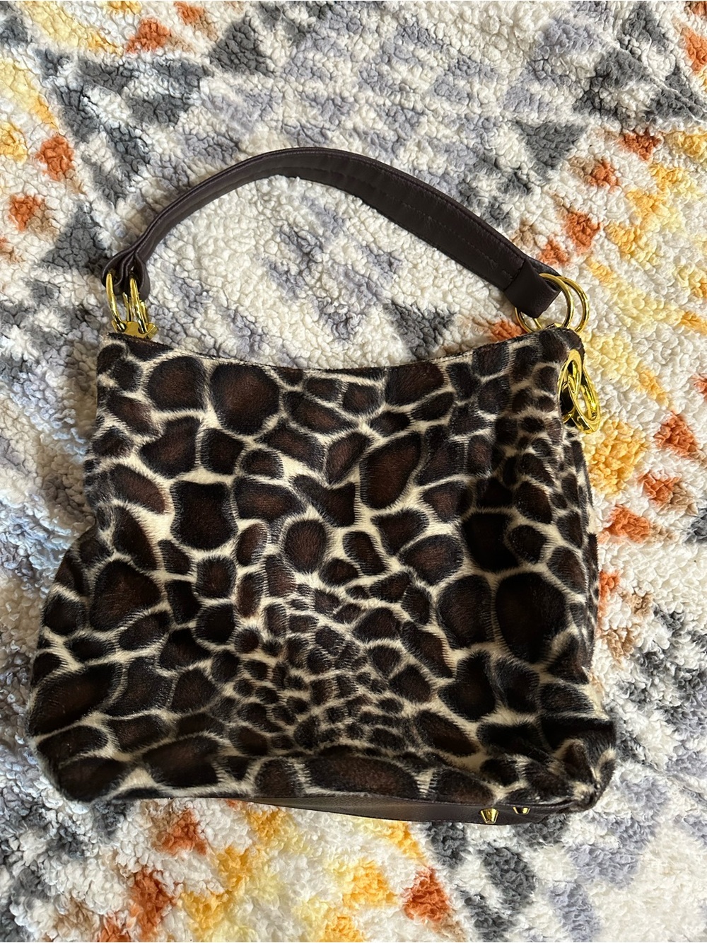 Braciano Giraffe Print Faux Fur Hobo Shoulder Bag Gold Tone Hardware